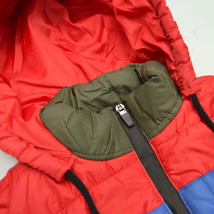 Red Sleeveless Puffer Jacket for Boys With Royal Blue & Olive Green Panel - IndusRobe