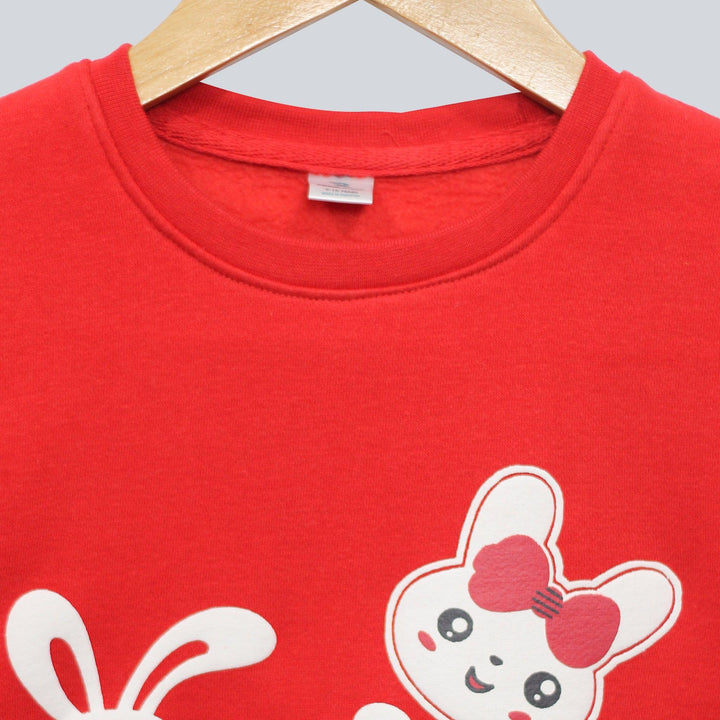 Red Bonjour Print Sweatshirt for Girls (Fleece)