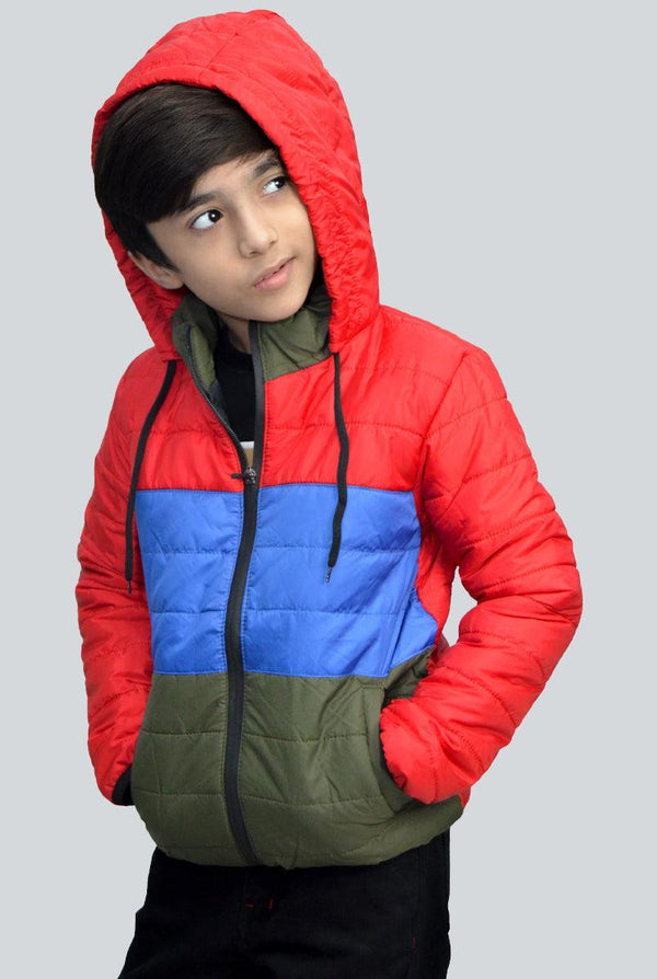 Red Full Sleeve Puffer Jacket for Boys With Olive Green & Royal Blue Panel - IndusRobe