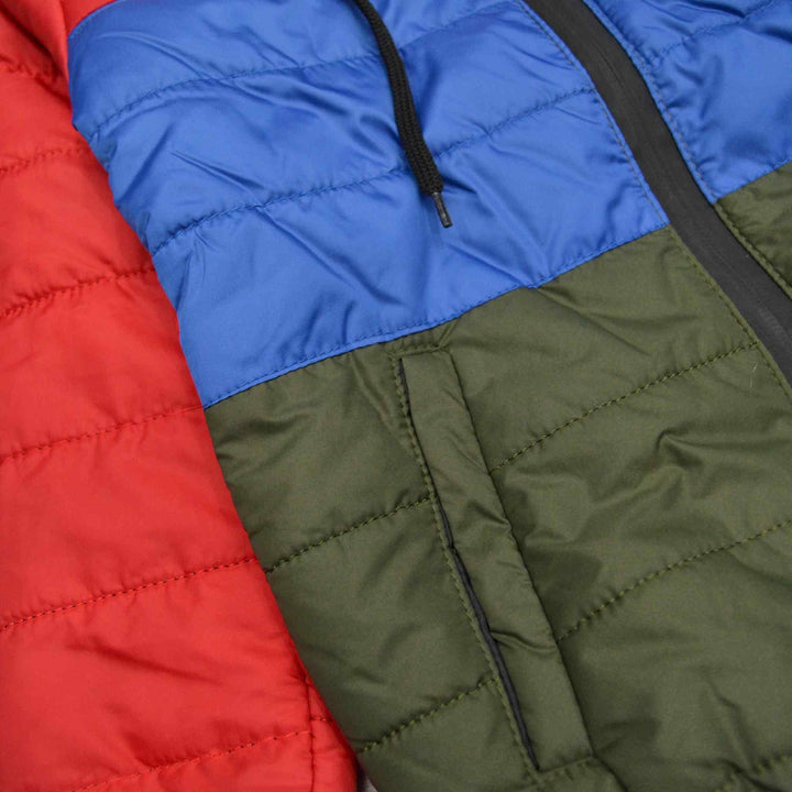 Red Full Sleeve Puffer Jacket for Boys With Olive Green & Royal Blue Panel - IndusRobe