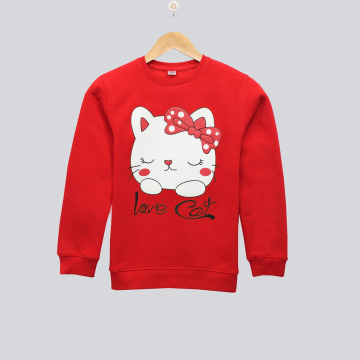 Red with Love Cat Print Sweatshirt for Girls (Fleece)