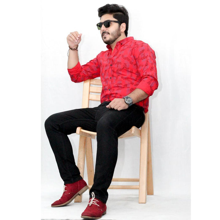 Red Black Shirt - Dotted Print Casual Shirt for Men - IndusRobe