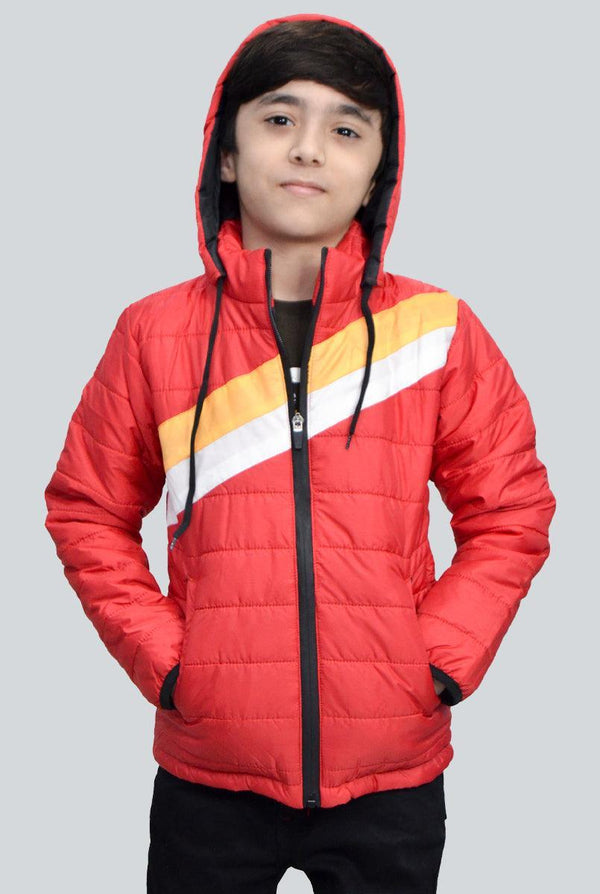 Red Full Sleeve Puffer Jacket for Boys With White & Yellow Panel - IndusRobe