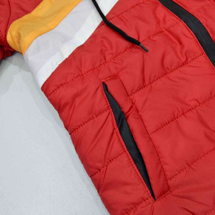 Red Full Sleeve Puffer Jacket for Boys With White & Yellow Panel - IndusRobe