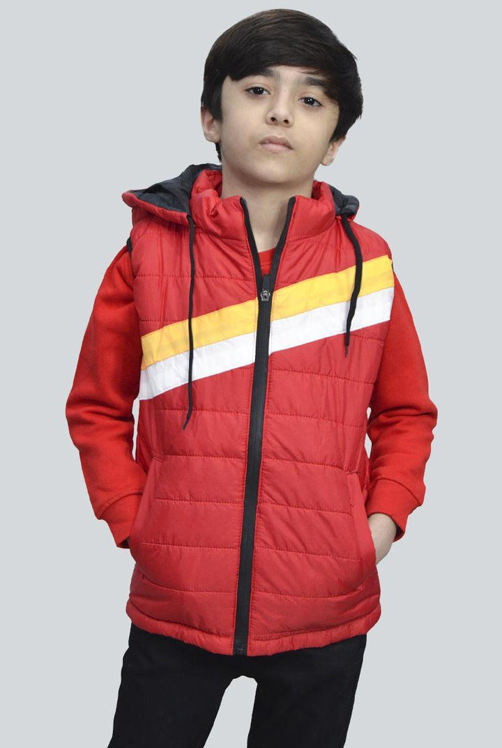 red sleeveless puffer jacket for boys with white and yellow panel