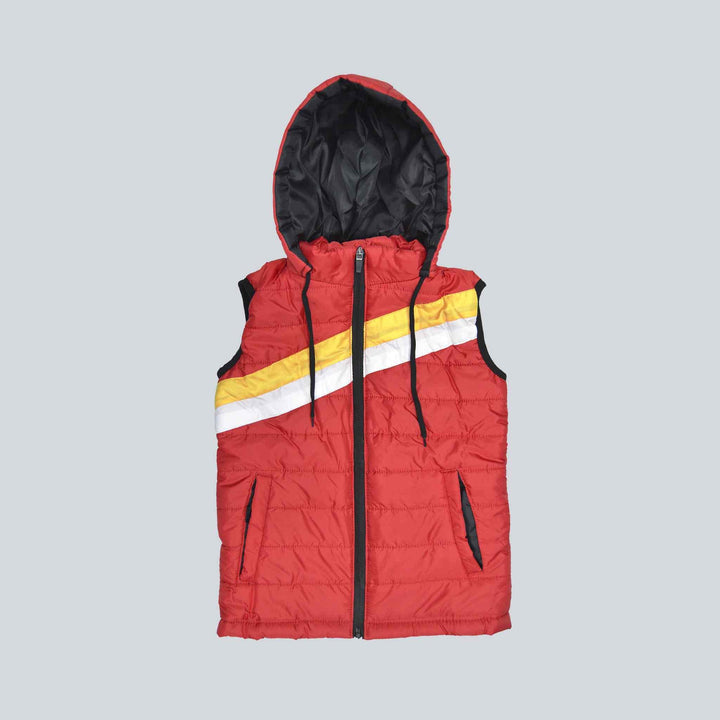 Red Sleeveless Puffer Jacket for Boys With White & Yellow Panel - IndusRobe