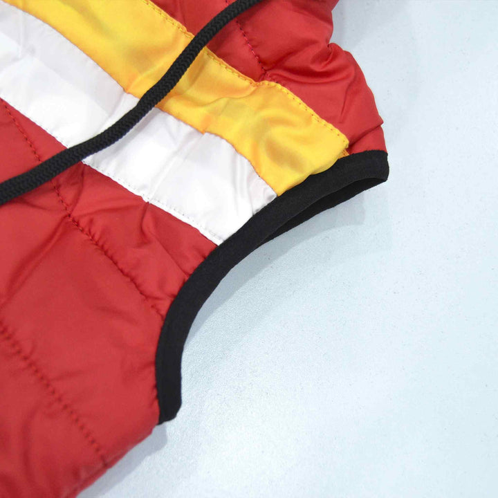 Red Sleeveless Puffer Jacket for Boys With White & Yellow Panel - IndusRobe
