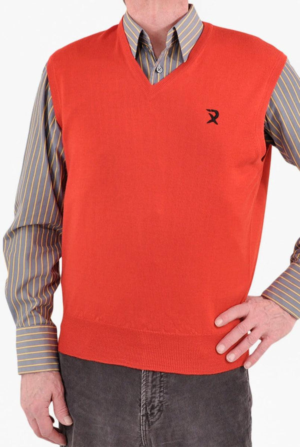 Red Sleeveless V Neck Rib Sweater for Men - IndusRobe