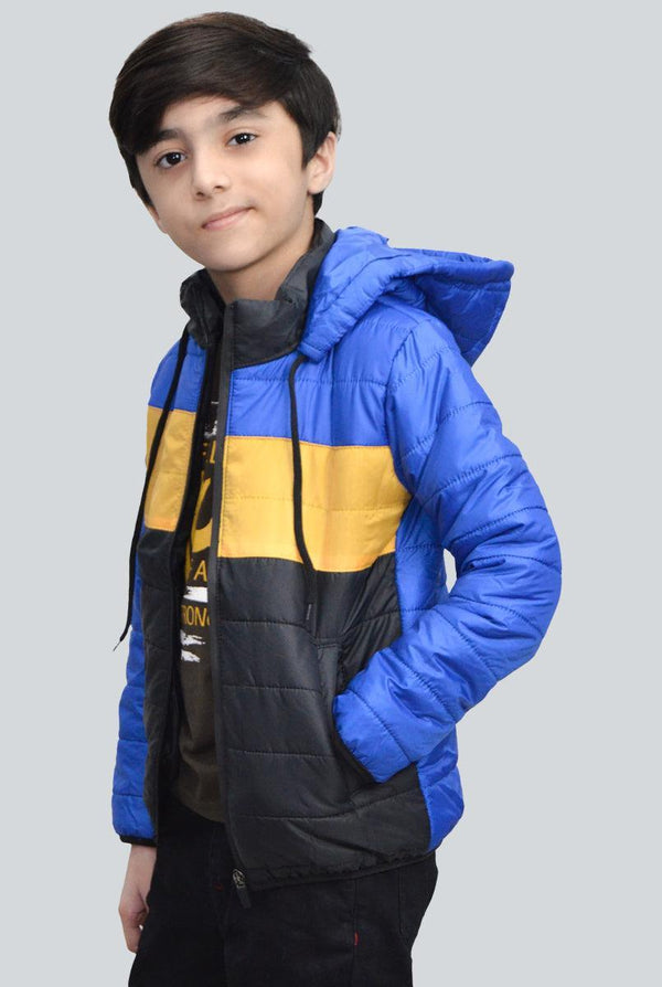 Royal Blue with Black & Yelllow Panel Full Sleeve Puffer Jacket for Boy - IndusRobe