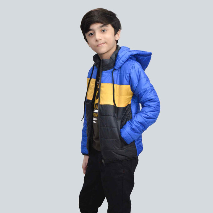 Royal Blue with Black & Yelllow Panel Full Sleeve Puffer Jacket for Boy - IndusRobe