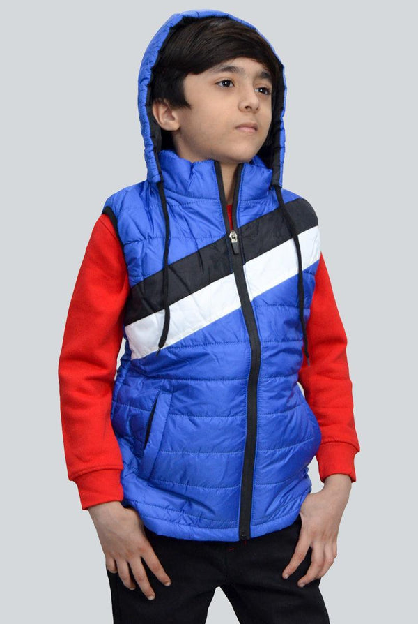 royal blue sleeveless puffer jacket for boys with black and white panel