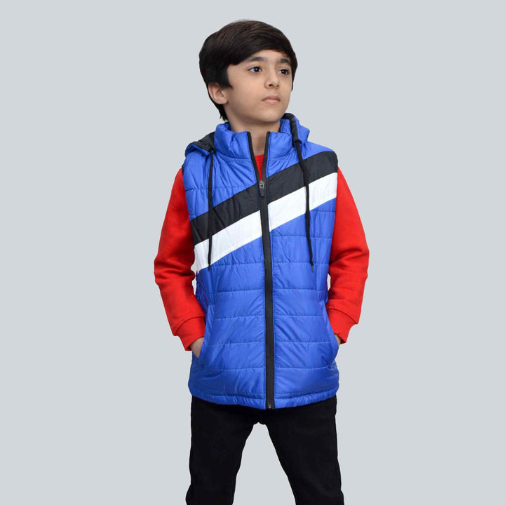 Royal Blue Sleeveless Puffer Jacket for Boys With Black & White Panel - IndusRobe