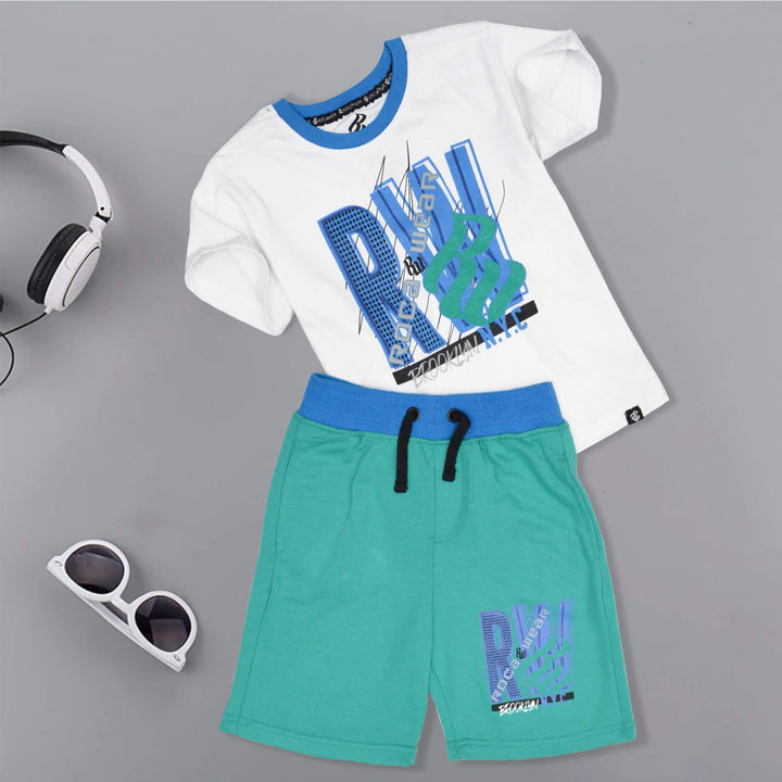 White & Sea Green Printed Summer Suit for Boys