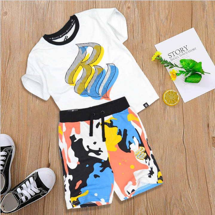 White Multi Color Printed Summer Suit for Boys