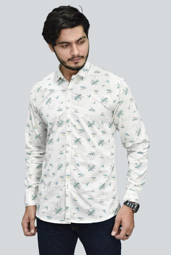 White Floral Print Casual Shirt for Men
