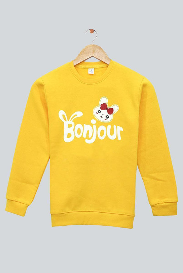 Yellow Bonjour Print Sweatshirt for Girls (Fleece)