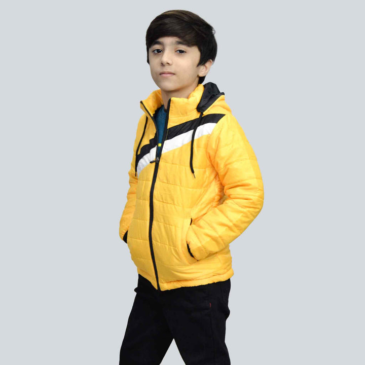 Yellow Full Sleeve Puffer Jacket for Boys With Black & White Panel - IndusRobe
