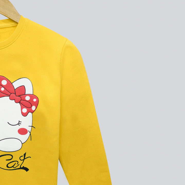 Yellow with Love Cat Print Sweatshirt for Girls (Fleece)