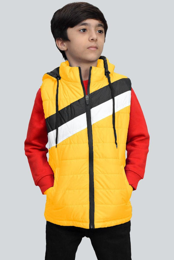 yellow sleeveless puffer jacket for boys with black and white panel