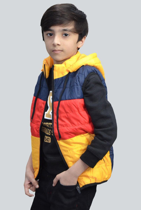 yellow sleeveless puffer jacket for boys with dark blue and red panel