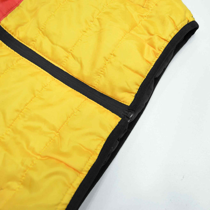 Yellow Sleeveless Puffer Jacket for Boys With Dark Blue & Red Panel - IndusRobe